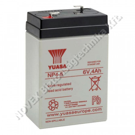 AKKUMULÁTOR - Yuasa - NP6-4 Ipari VRLA akkumulátor; 6 V, 3,7 Ah; zárt, gondozásmentes; 5 év élettar.