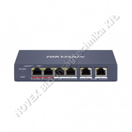 SWITCH - Hikvision - DS-3E1106HP-EI6 portos PoE switch (60 W); 1 HiPoE + 3 PoE+(at) + 2 uplink port